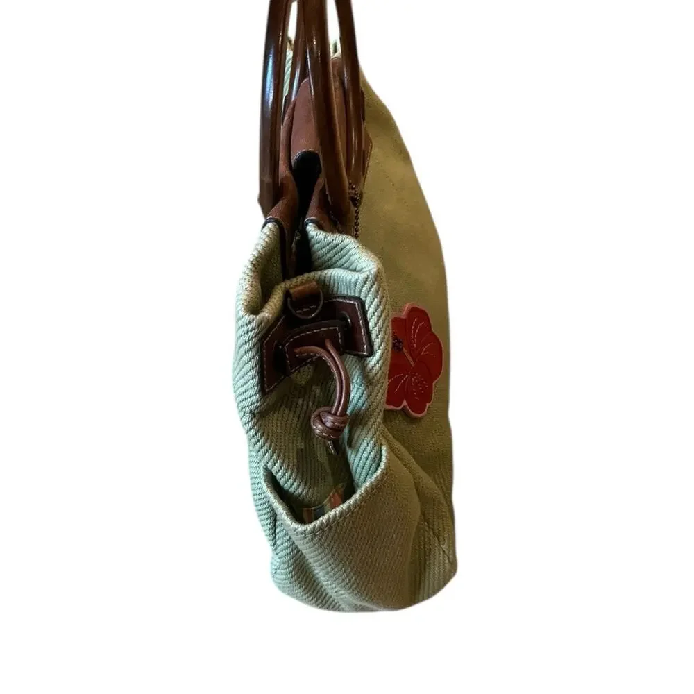 Fossil Wood Handle Rings purse Green Canvas Floral Logo Striped Lining